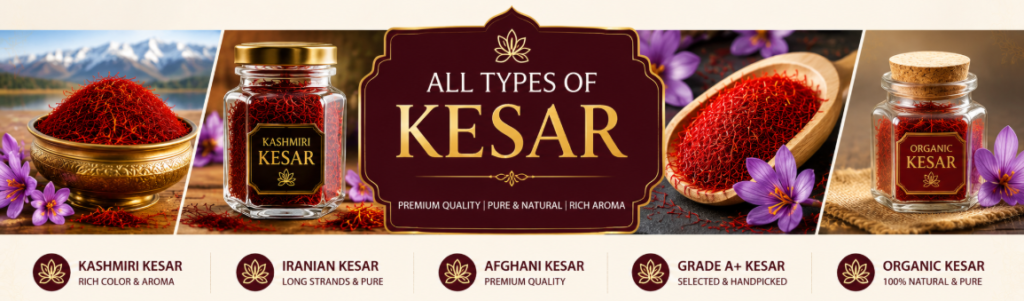 All types of saffron including Kashmiri Kesar, Iranian Saffron, Afghani Kesar and Organic Saffron available for bulk supply across India.